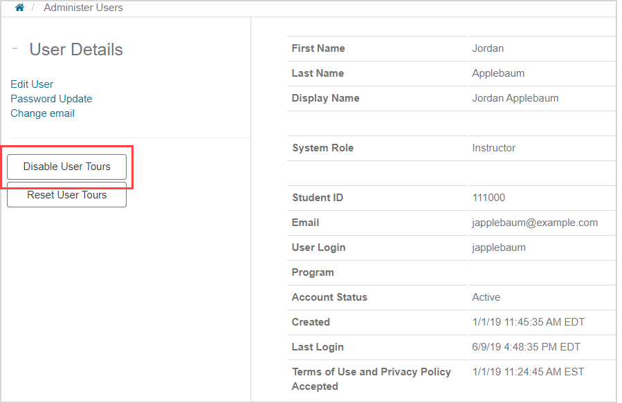 The "Disable User Tours" button is after the "Change email" link.